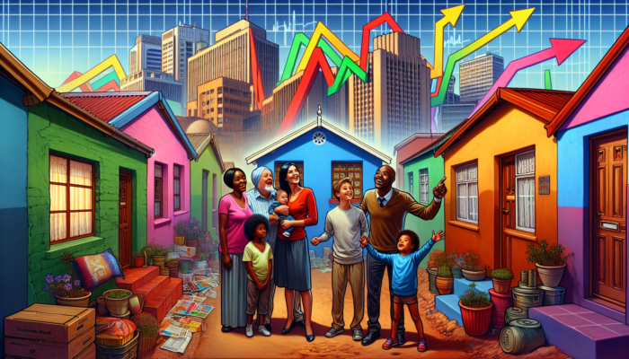 Diverse family of first-time buyers in Makhanda gazing at a modest house, with rising interest rate graphs and SARB logo in the background.