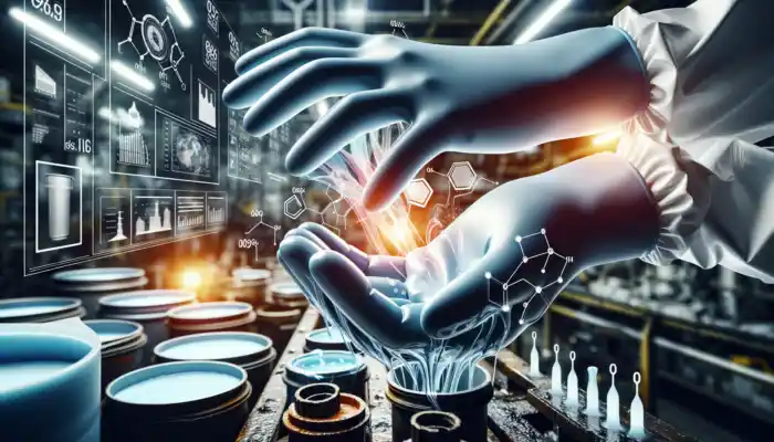 Close-up of robust PVC gloves on a worker's hands in a factory, safely handling chemicals, demonstrating flexibility, resistance, and protection.