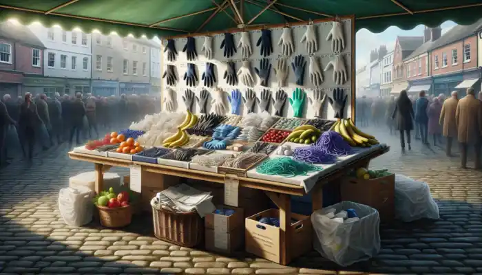 Harrogate market stall displaying sturdy PVC gloves, torn latex gloves, and durable nitrile gloves on a wooden table under natural light.