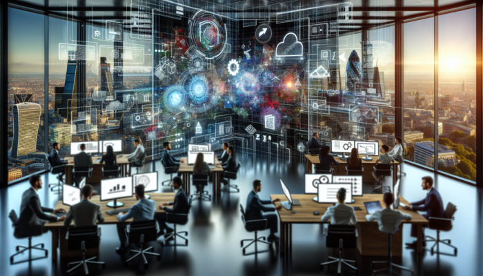 Ecommerce Development Company in Coleford: Developers in a modern London office crafting sleek Shopify and Magento websites on high-tech screens, blending user-friendly designs with secure payments.