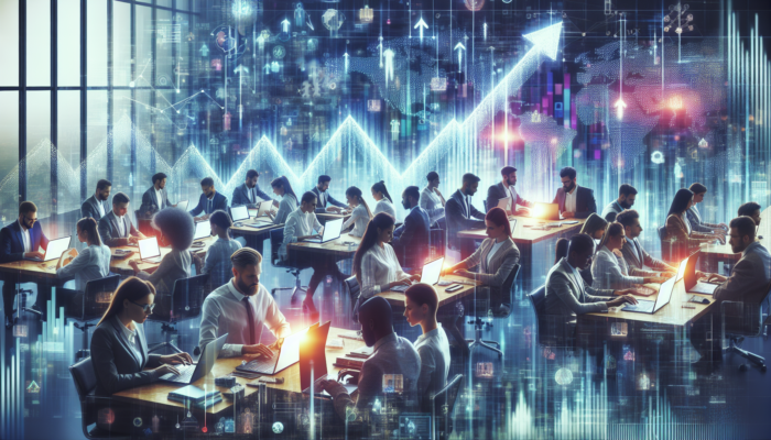 Analysts in a modern Okehampton office review dashboards showing rising website traffic, sales conversions, and SEO metrics for UK business growth.