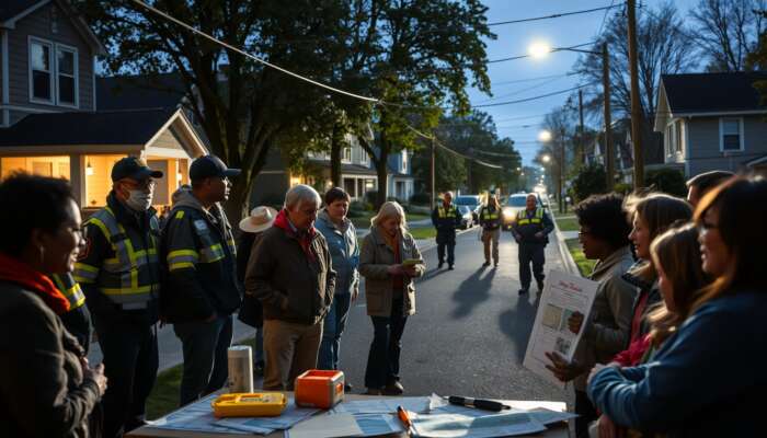 Diverse community members participating in a neighborhood watch program and safety workshop, patrolling a well-lit street with maps and safety tools, highlighting collaboration and safety awareness.