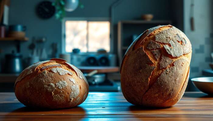 A warm kitchen with a loaf of artisan bread rising rapidly alongside a cool rustic setting with a slowly fermenting loaf, illustrating the effects of temperature on texture and crust.