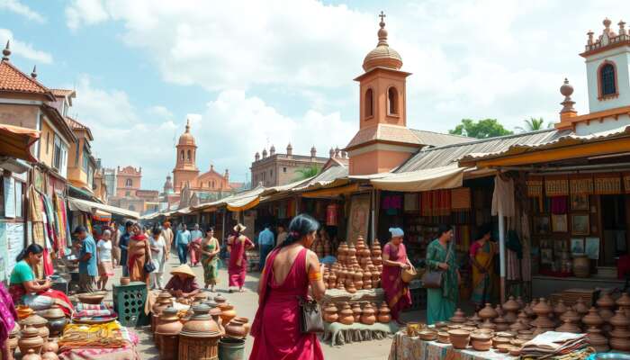 Vibrant market scene highlighting diverse cultural heritage with artisans crafting textiles and pottery, people participating in traditional rituals, and colorful displays of local languages and crafts amidst historical architecture.