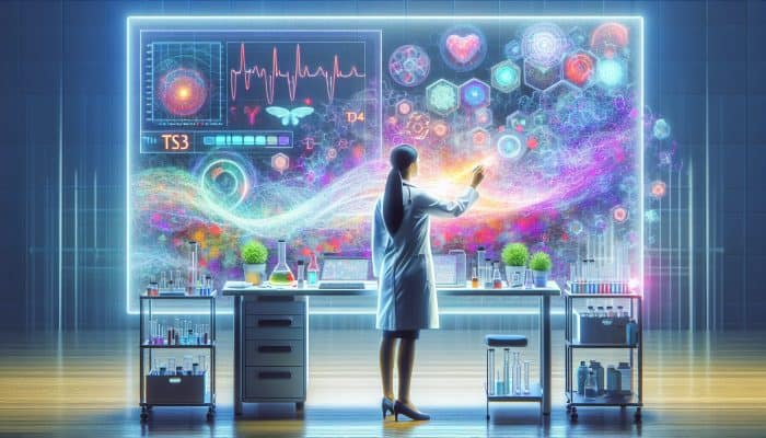 Doctor in a modern lab analyzing thyroid blood test results on a digital screen showing TSH 0.4-4.0 mIU/L and T3, T4 graphs.