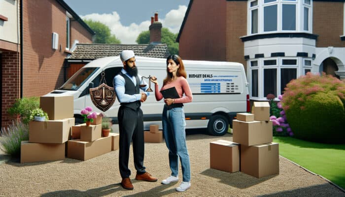 A determined homeowner negotiates with a removal firm rep beside a branded van, holding budget sheets amid packed boxes and summer flowers in a UK suburb.