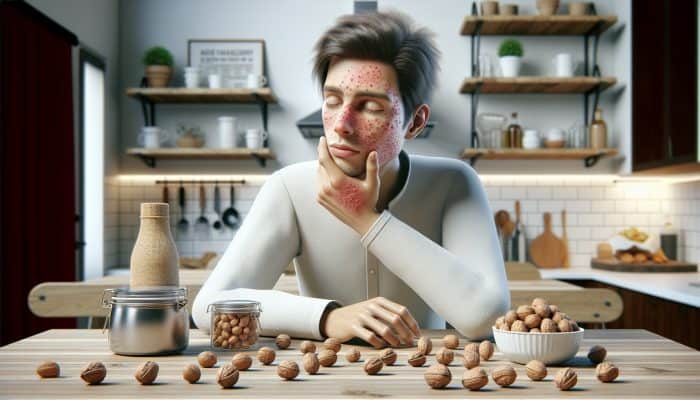 Nut Intolerance Test in Horndean: A person in a modern UK kitchen with swollen lips and a red rash from nut intolerance, nuts scattered on the table.