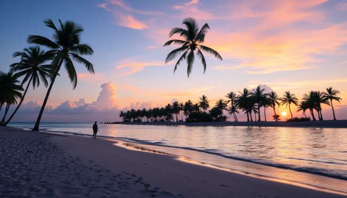 A tranquil Belize beach at sunset with palm trees and a traveler enjoying the peaceful atmosphere, symbolising safety for visitors.