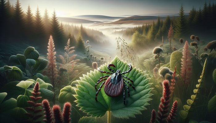 When to Test for Lyme Disease After a Tick Bite: Close-up of Ixodes ricinus tick on a dewy leaf in lush UK woodland, surrounded by tall grasses and misty moors.