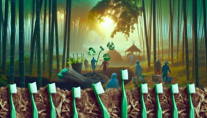 Serene bamboo forest at dawn with workers harvesting for eco-brushes; decomposing toothbrushes in soil amid greenery, symbolizing reduced plastic waste.
