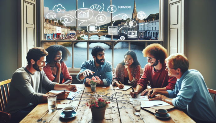 In historic Barnstaple, England, a diverse team of business owners and experts storyboards videos and reviews budgets, with riverside views through the window.