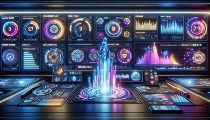 Futuristic digital dashboard illustrating graphs of rising engagement rates, accuracy scores, and resolution times for AI chatbots with holographic elements.