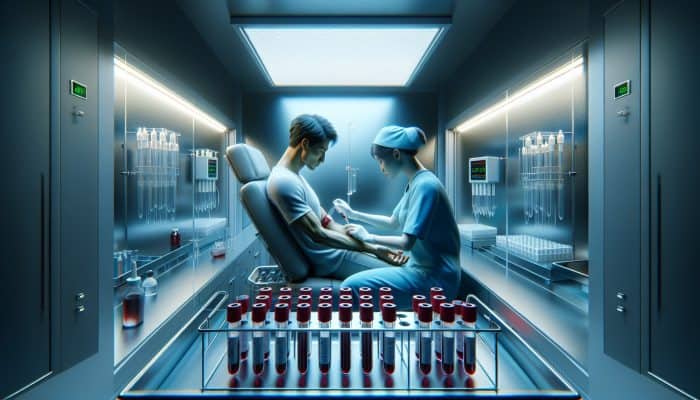 Coeliac Blood Test in Rowley Regis: A nurse in blue scrubs draws blood from a patient's arm in a UK NHS clinic, with labeled test tubes for coeliac detection.