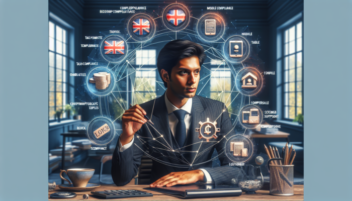 A novice entrepreneur in a modern Melksham office setting up Shopify and WooCommerce, with icons for VAT compliance, mobile optimisation, templates, payments, and support.