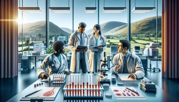 Fertility Blood Test in Pontypridd: Expert doctors in a modern Pontypridd clinic discuss fertility blood testing amid microscopes, test tubes, and Welsh landscapes through windows.