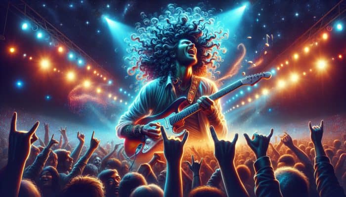 A charismatic musician with wild curls like Jimi Hendrix plays guitar on a lit stage, surrounded by a cheering crowd under starry skies.