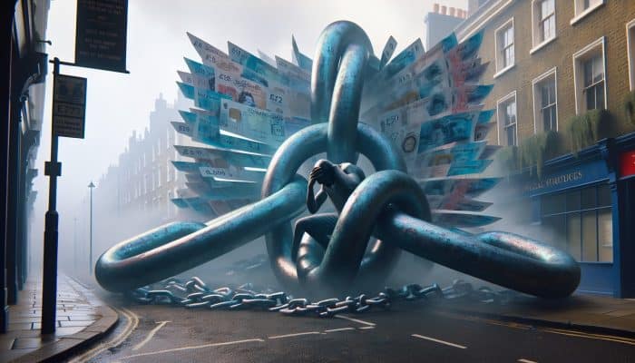 A stressed person in foggy London street, entangled in oversized credit cards and pound note chains, symbolising debt misuse consequences.