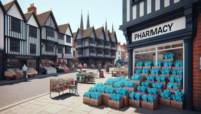 Busy Hitchin high street with pharmacy window displaying blue nitrile gloves, historic Tudor buildings, market stalls, and shoppers under a sunny sky.