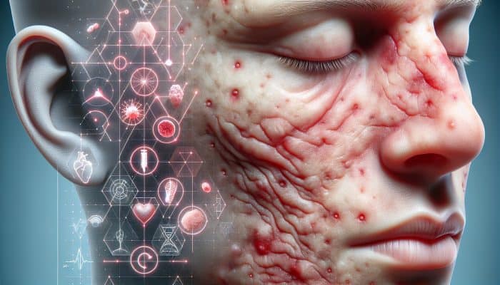 Close-up of human skin showcasing redness, acne, wrinkles, and inflammation due to high cortisol, with a subtle stressed face in the background.