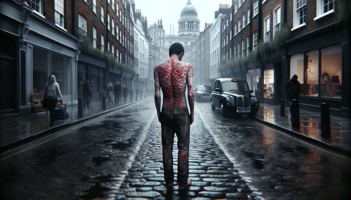 Stressed individual on a rainy London street, displaying eczema and psoriasis flare-ups with red inflamed patches against a grey urban backdrop.