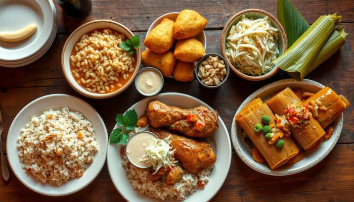 A vibrant Belizean feast showcasing Rice and Beans with coconut milk, stewed chicken, golden Conch Fritters with dipping sauce, hearty Stewed Chicken with rice and coleslaw, and colourful Plantain Tamales filled with vegetables on a rustic wooden table.