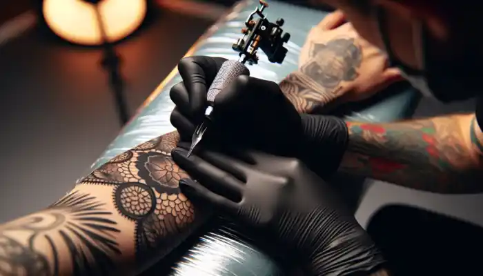 A tattoo artist in a modern UK salon, wearing black nitrile gloves while safely handling sharp needles for a sophisticated arm design.