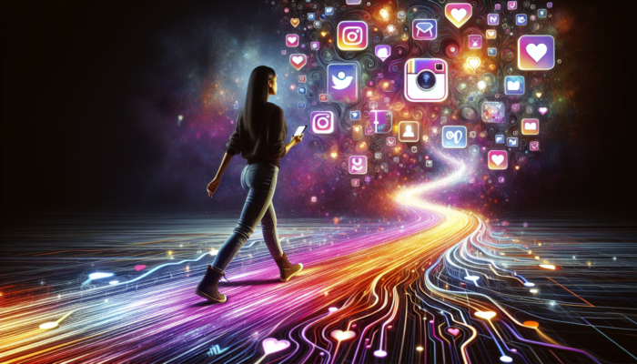 A young entrepreneur steps onto a glowing digital path with Instagram icons, graphs, and a smartphone, surrounded by floating social media elements.