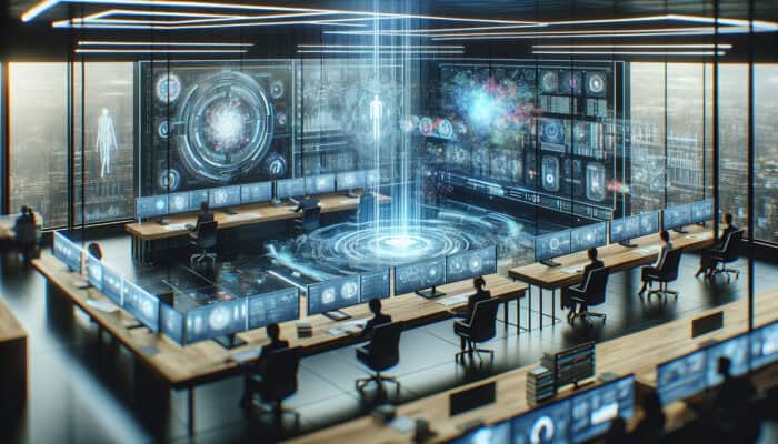 A modern control room with holographic dashboards displaying real-time metrics on client satisfaction and productivity, as professionals collaborate in a tech-savvy office.