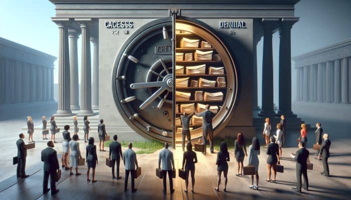 A frustrated person holds a thin credit file before a locked vault labeled 'Financial Opportunities,' with denied applications scattered, as others with thick files access wealth.