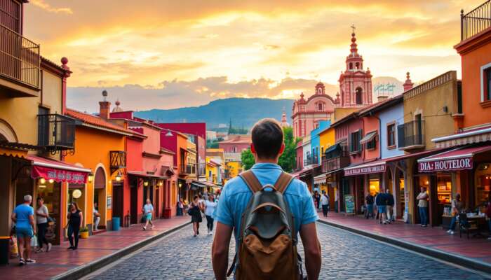 A traveler explores cobblestone streets in San Miguel de Allende, surrounded by colourful colonial buildings, the pink Parroquia spire, and bustling markets under a golden sunset.