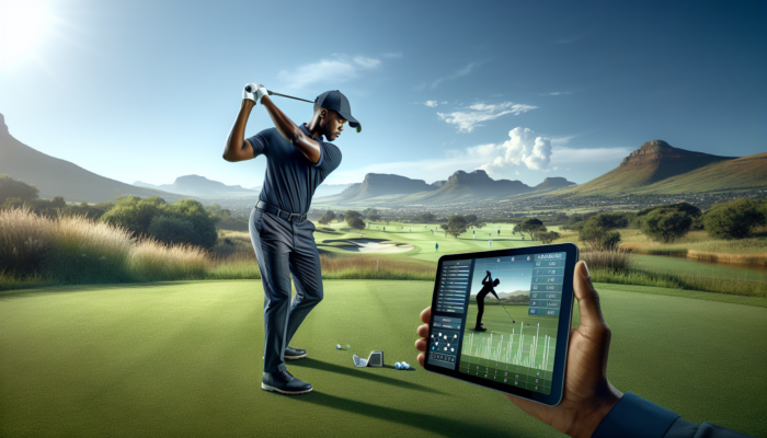 How to Improve Golf Swing Speed Control: A focused golfer in Gauteng, South Africa, reviews his swing on a tablet amid a lush green course, blue sky, and distant mountains.