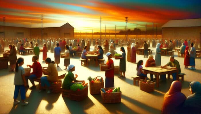 Diverse individuals in a bustling community centre share overflowing baskets, form supportive circles, and connect under a warm sunset sky.