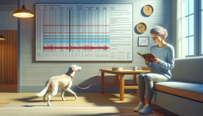 Pet owner in cozy living room observes anxious dog pacing, jots notes in behavior diary, and checks calendar for anxiety triggers.