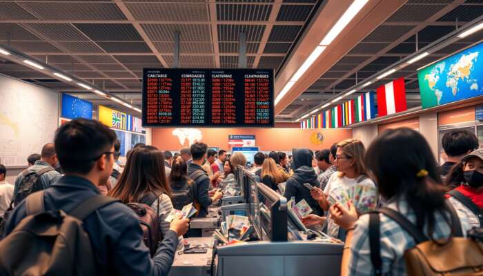 A bustling airport currency exchange booth with travellers exchanging vibrant banknotes, a screen displaying fluctuating rates, flags, and maps.