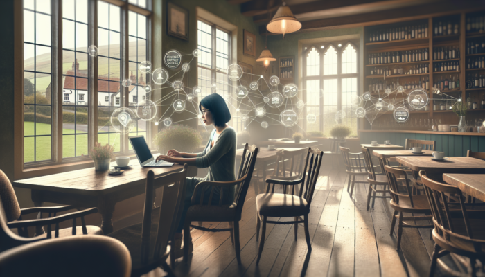 Digital marketer optimising content on a laptop in a South Petherton cafe, surrounded by SEO charts, local posters, testimonials, and soft countryside light.