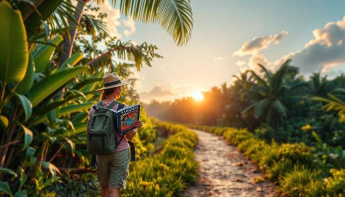 A traveller consults a XamanekBelize guidebook with a local expert on a serene Belize jungle path at dawn, surrounded by vibrant foliage.