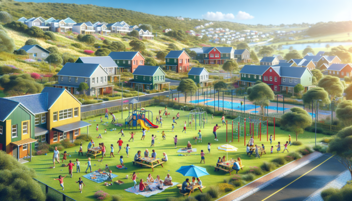 A vibrant Knysna neighbourhood featuring mid-level homes, lush parks, a colourful school, families picnicking, children playing, and residents socialising under a blue sky.