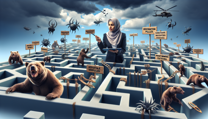 Buyer navigating a treacherous property market maze, avoiding hidden costs and resale pitfalls, consulting research under a stormy sky.