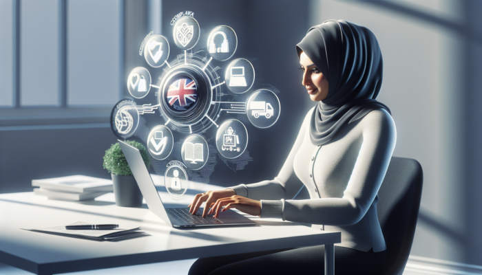 E-commerce Development in Portland for Small Business: Digital illustration of a UK business owner at a desk, with a laptop showing an e-commerce site featuring secure payments, Union Jack flags, delivery trucks, and happy shoppers.