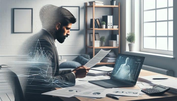 How Debt Consolidation Affects Renting a Home | DCL A determined renter in a tidy UK home office reviews financial documents and a credit check graph on a laptop for debt consolidation.