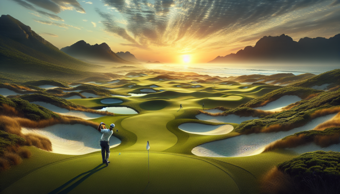 Strategies For Golf Course Strategy: A vibrant South African golf course at sunrise, with rolling dunes, lush greens, and a golfer navigating water hazards and sand traps.
