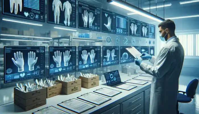 Quality assurance expert evaluating latex gauntlet glove samples in a sterile laboratory, surrounded by checklists, packaging, and tablets under bright lighting.