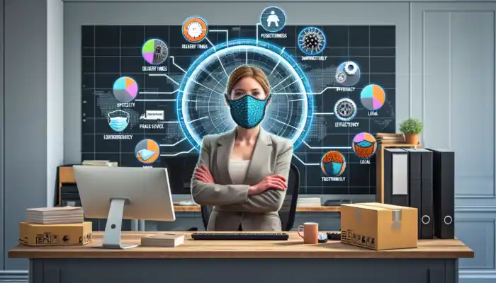 Business analyst in a modern Darlington office reviewing PPE suppliers with charts, icons, and customised masks for efficiency.