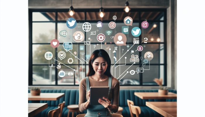 A small business owner in a charming café manages social media on a tablet, with Twitter and Instagram icons, rising graphs, and increasing customer lines.