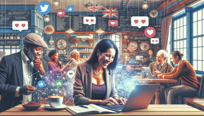 Small UK business owner in Bridgwater manages social media on a laptop in a comfortable café, engaging diverse customers online.
