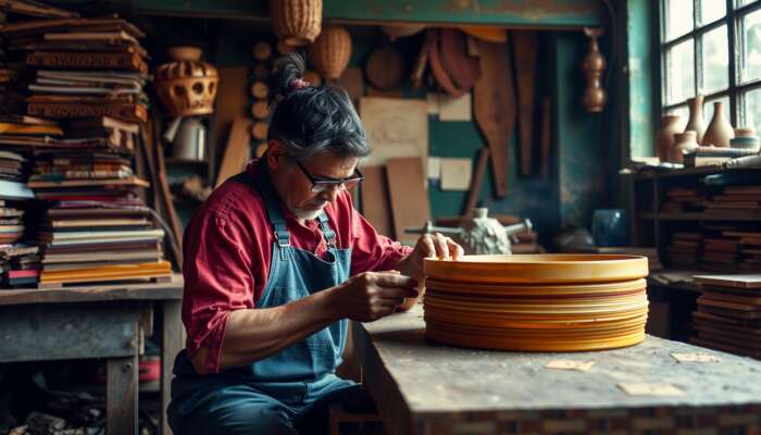 In a sunlit San Miguel de Allende workshop, an artisan selects vibrant materials, layers for intricate textures, and adds refined finishes for elegant handcrafts.