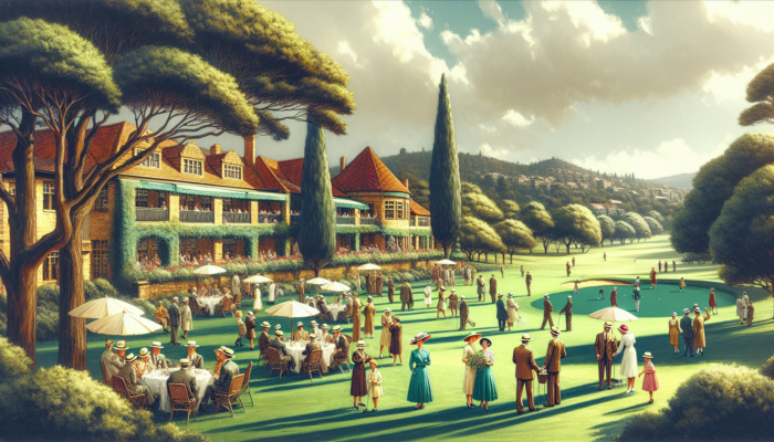 Killarney Country Club: Historic Killarney Country Club in 1930s Johannesburg: lush greens under sunny sky, elegant members socializing at outdoor events.