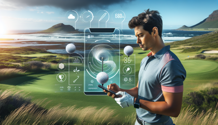 A focused golfer on South Africa's Highveld uses a smartphone app to adjust club selection for elevation and wind, with lush greens and swirling winds in the background.