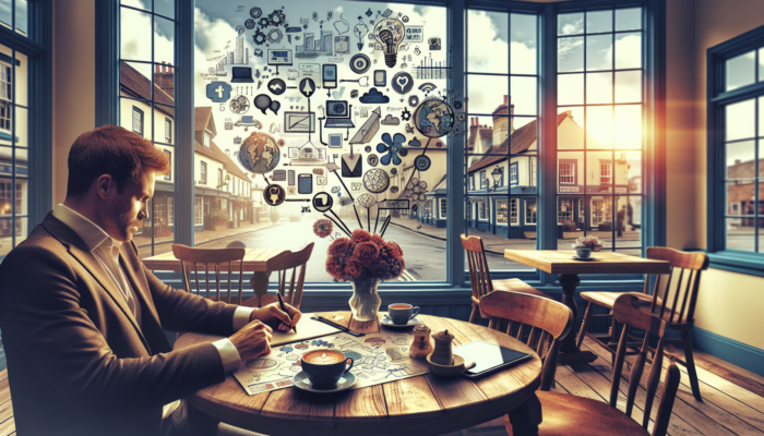 A consultant formulating a social media strategy in a Patchway café, surrounded by icons, charts, coffee cups, and views of the town.