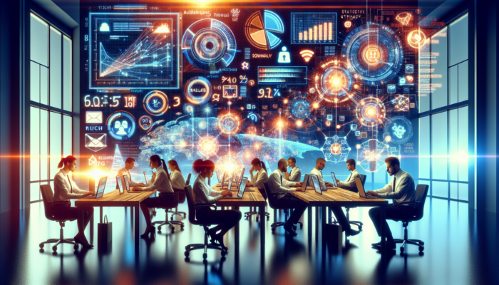 Business owners in a Patchway office reviewing social media analytics on glowing screens, surrounded by charts illustrating engagement, reach, demographics, and Facebook/Instagram icons.